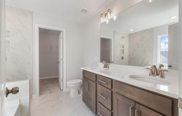 full bath with double vanity, visible vents, marble finish floor, and a sink