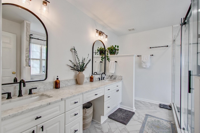 486 Maple Oak Ln, Charleston, SC 29414 - full bathroom featuring marble finish floors, a stall shower, and double vanity