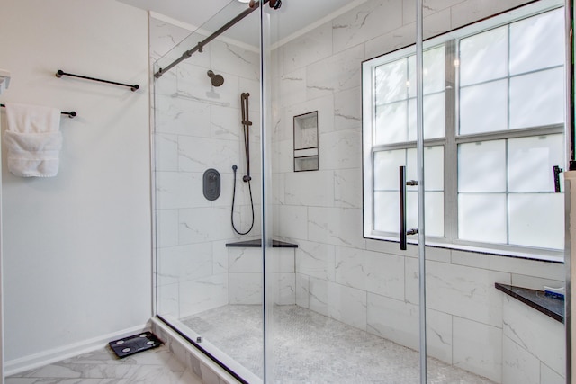 486 Maple Oak Ln, Charleston, SC 29414 - full bath featuring a shower stall, marble look tiles, and baseboards