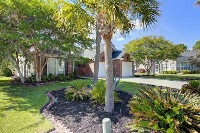 486 Maple Oak Ln, Charleston, SC 29414 - view of property hidden behind natural elements featuring driveway, a garage, a front lawn, and brick siding