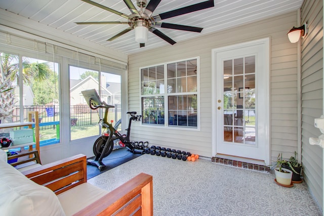 486 Maple Oak Ln, Charleston, SC 29414 - workout room with carpet, ceiling fan, and wood walls
