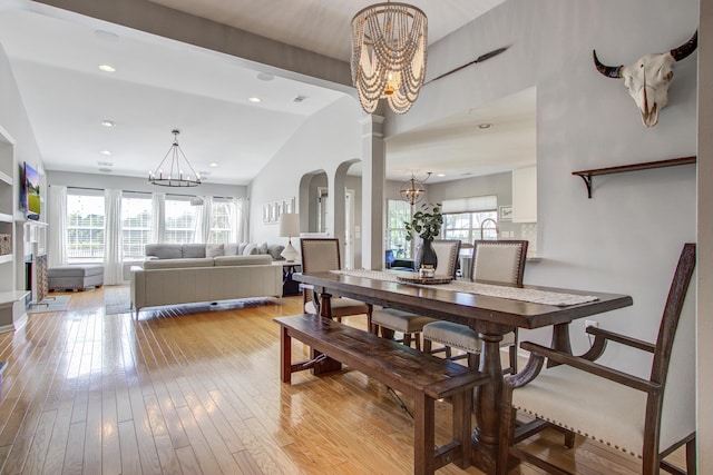 486 Maple Oak Ln, Charleston, SC 29414 - dining space with a chandelier, vaulted ceiling, light wood-style floors, and recessed lighting