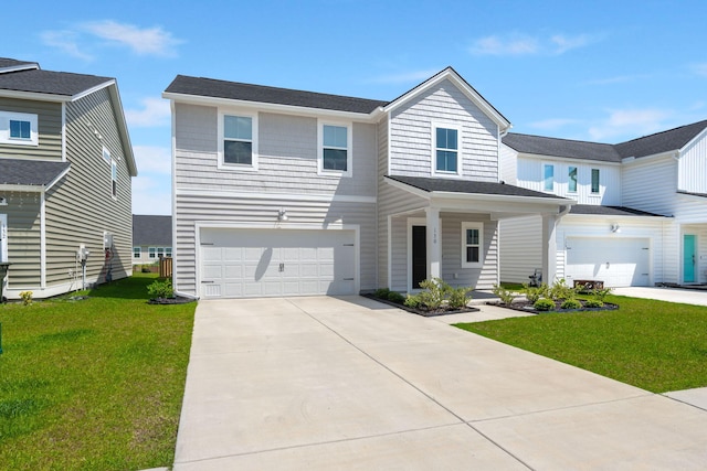 view of front of property with a garage, concrete driveway, and a front yard