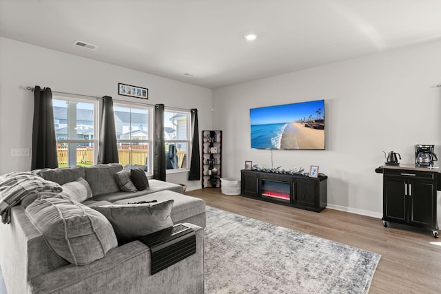 living room with light wood finished floors, baseboards, and a glass covered fireplace