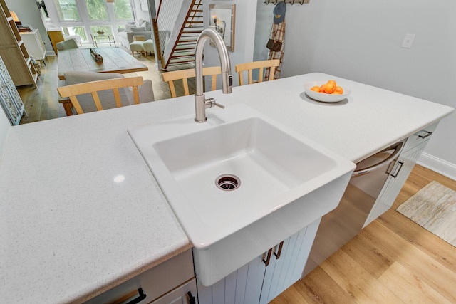 detailed view of light wood-style flooring, a sink, and light countertops