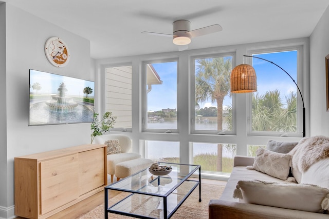 sunroom / solarium with a water view