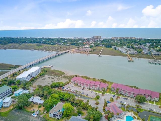 bird's eye view of a nearby body of water and a notable bridge