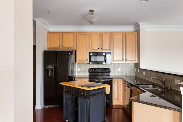 kitchen with black appliances, backsplash, crown molding, and sink