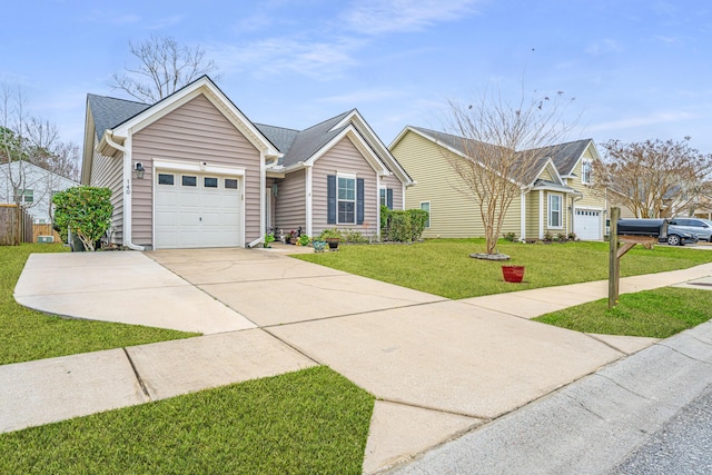 ranch-style home featuring a garage, driveway, a front yard, and a shingled roof