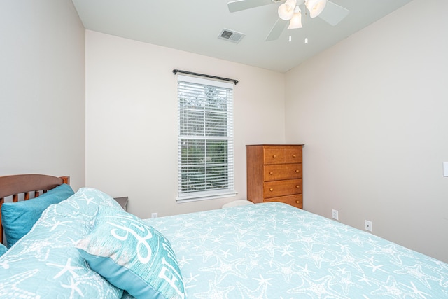 bedroom featuring a ceiling fan and visible vents