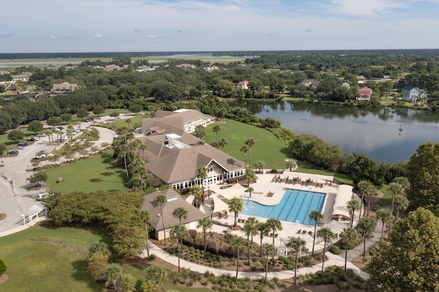 drone / aerial view with a water view