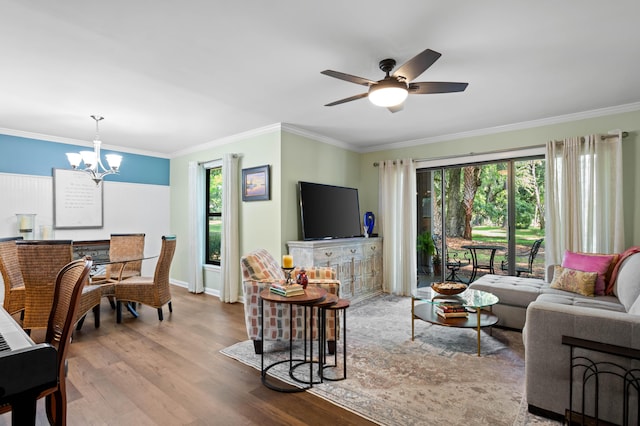 living room featuring ceiling fan with notable chandelier, light hardwood / wood-style floors, and ornamental molding