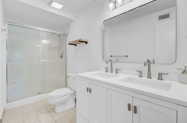 bathroom featuring a stall shower, visible vents, a sink, and toilet