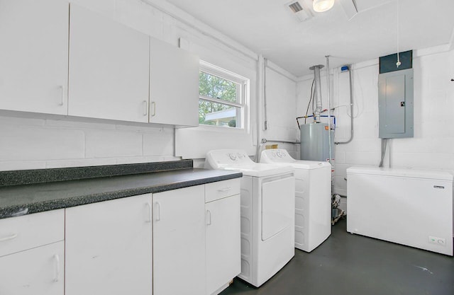 laundry room with cabinet space, independent washer and dryer, electric panel, and visible vents