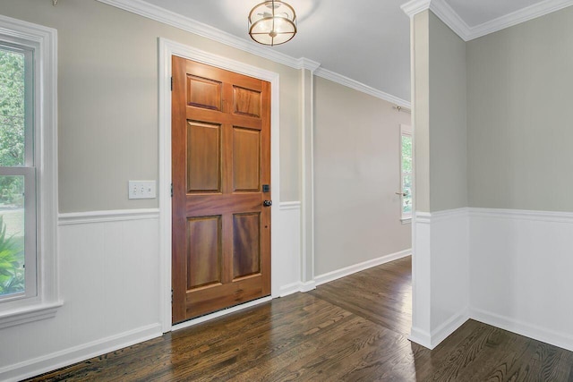 foyer with dark wood finished floors, ornamental molding, and a wainscoted wall