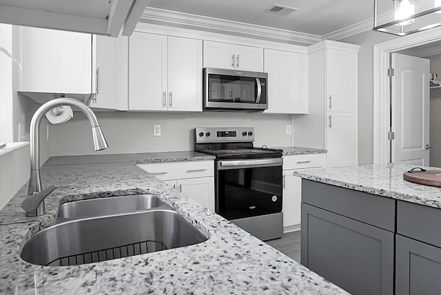 kitchen with stainless steel appliances, visible vents, ornamental molding, white cabinets, and a sink