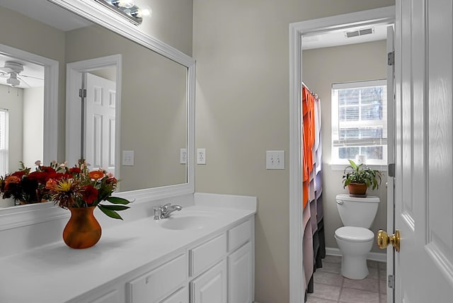 full bathroom with toilet, tile patterned floors, visible vents, and vanity