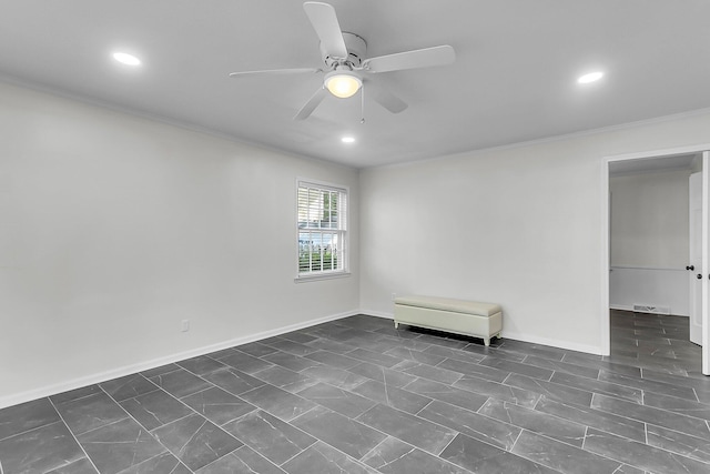 empty room with crown molding, recessed lighting, ceiling fan, and visible vents