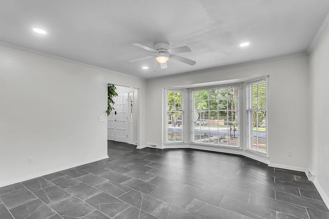 empty room featuring ornamental molding, a ceiling fan, and recessed lighting