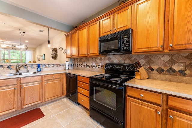 202 Trillium Ct, Santee, SC 29142 - kitchen with black appliances, a sink, decorative backsplash, and light tile patterned floors