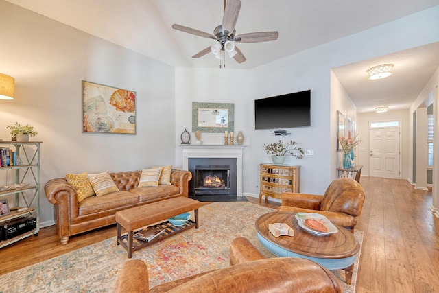 422 Cabrill Dr, Charleston, SC 29414 - living area featuring hardwood / wood-style floors, a ceiling fan, a fireplace with flush hearth, and baseboards
