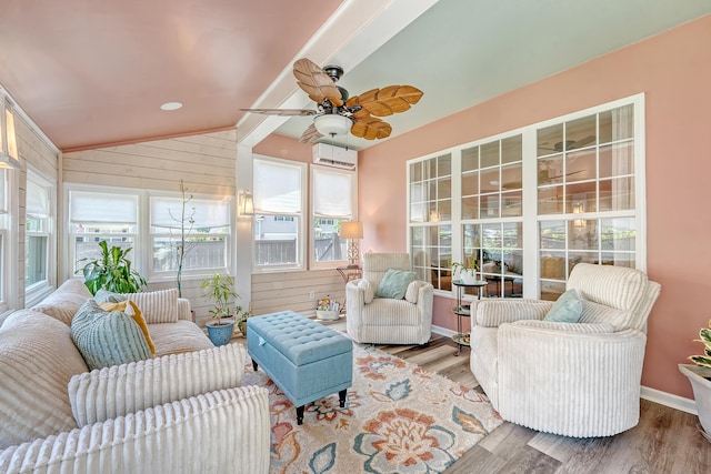 422 Cabrill Dr, Charleston, SC 29414 - sunroom / solarium with ceiling fan, wooden walls, lofted ceiling, outdoor lounge area, and wood finished floors