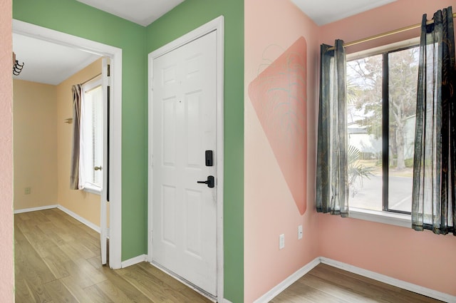 foyer with plenty of natural light, wood finished floors, and baseboards