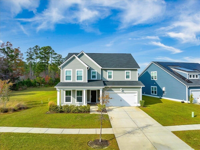 view of front facade featuring a garage and a front lawn