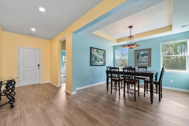 dining space featuring a raised ceiling and wood-type flooring