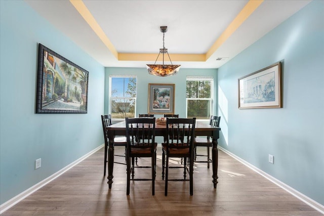 dining space with a raised ceiling and dark wood-type flooring