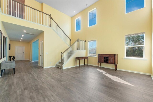 entryway featuring wood-type flooring and a towering ceiling