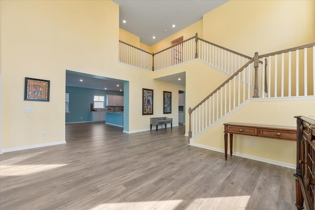 foyer featuring wood-type flooring and a high ceiling