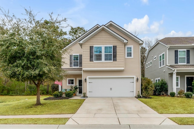 view of property featuring a garage and a front lawn