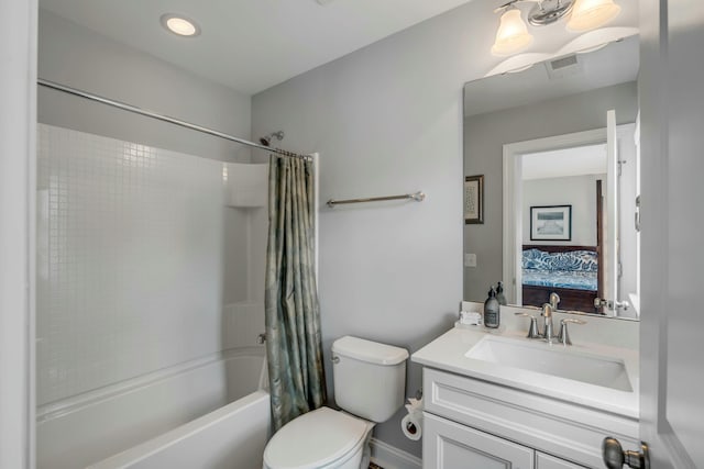 full bathroom with toilet, shower / tub combo, and vanity