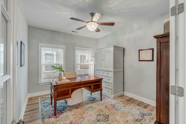 office space with ceiling fan and light wood-type flooring