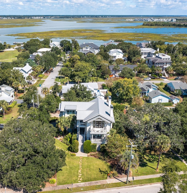 drone / aerial view with a water view