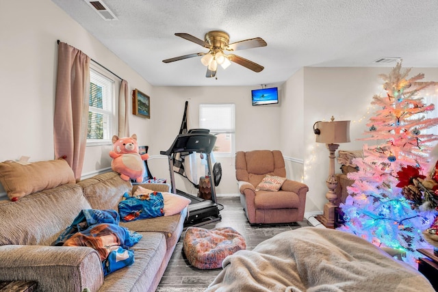 living room with visible vents, plenty of natural light, and a textured ceiling