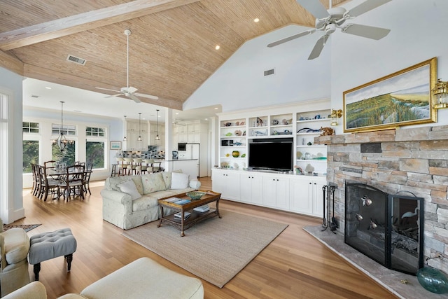 living area with visible vents, wood ceiling, and light wood finished floors