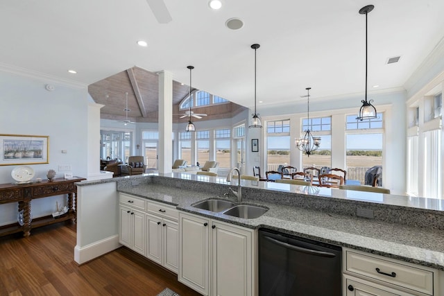 kitchen with visible vents, crown molding, dishwasher, a ceiling fan, and a sink