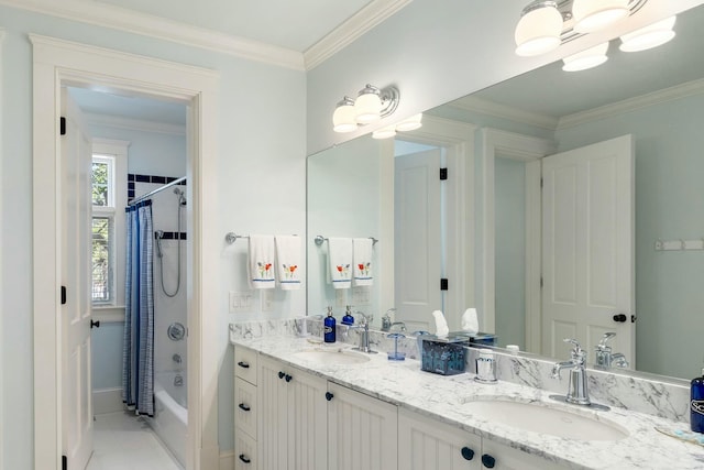 full bathroom featuring shower / bath combination with curtain, ornamental molding, double vanity, and a sink