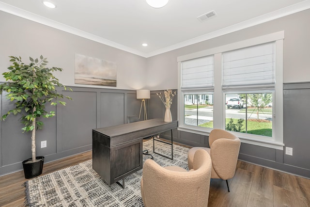 office featuring ornamental molding and hardwood / wood-style floors