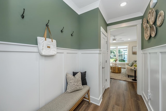 mudroom with ceiling fan, wood-type flooring, and crown molding