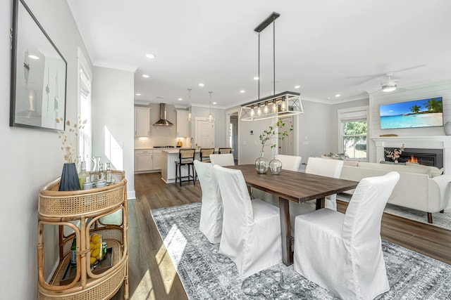 dining room with ceiling fan, wood-type flooring, and ornamental molding