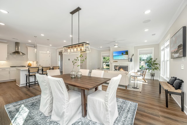 dining space with ceiling fan, dark wood-type flooring, and ornamental molding