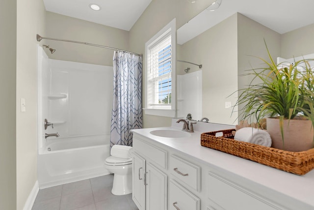 full bathroom with tile patterned flooring, vanity, shower / bath combination with curtain, and toilet