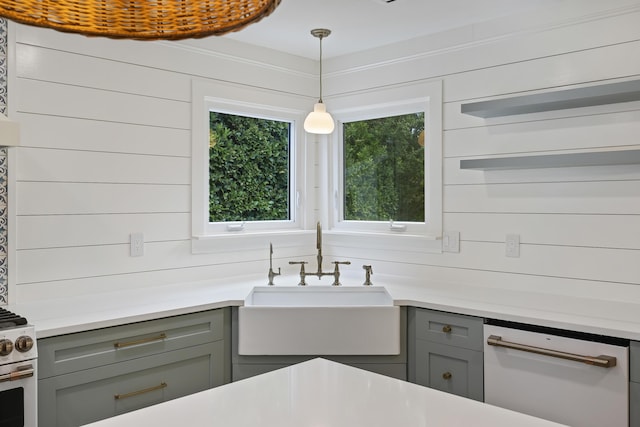1075 Wayfarer Ln, Charleston, SC 29412 - kitchen featuring gray cabinetry, white appliances, light countertops, and hanging light fixtures