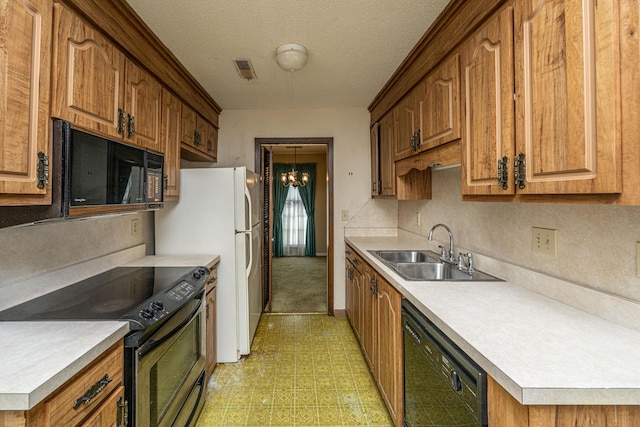 4328 Cheviot Dr, North Charleston, SC 29418 - kitchen featuring black appliances, a sink, a chandelier, light flooring, and light countertops