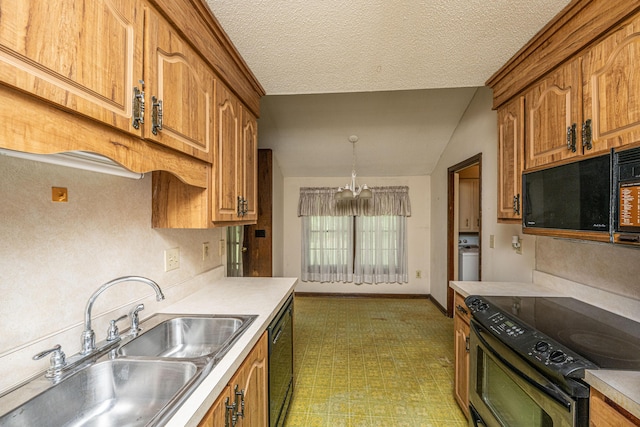 4328 Cheviot Dr, North Charleston, SC 29418 - kitchen with black appliances, a sink, light countertops, vaulted ceiling, and a textured ceiling