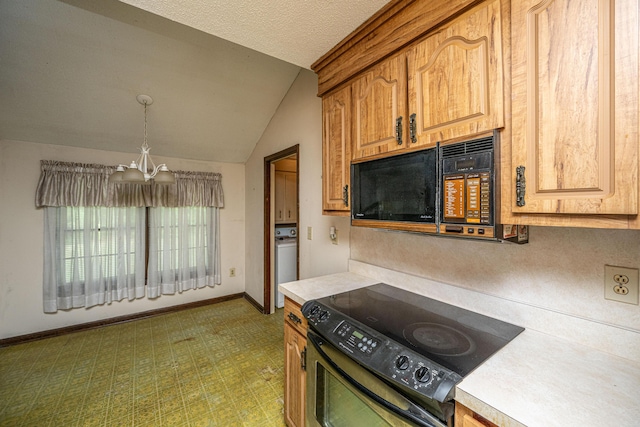 4328 Cheviot Dr, North Charleston, SC 29418 - kitchen featuring black appliances, a chandelier, baseboards, vaulted ceiling, and light countertops