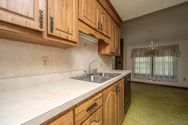 4328 Cheviot Dr, North Charleston, SC 29418 - kitchen with a sink, a chandelier, black dishwasher, light countertops, and brown cabinetry